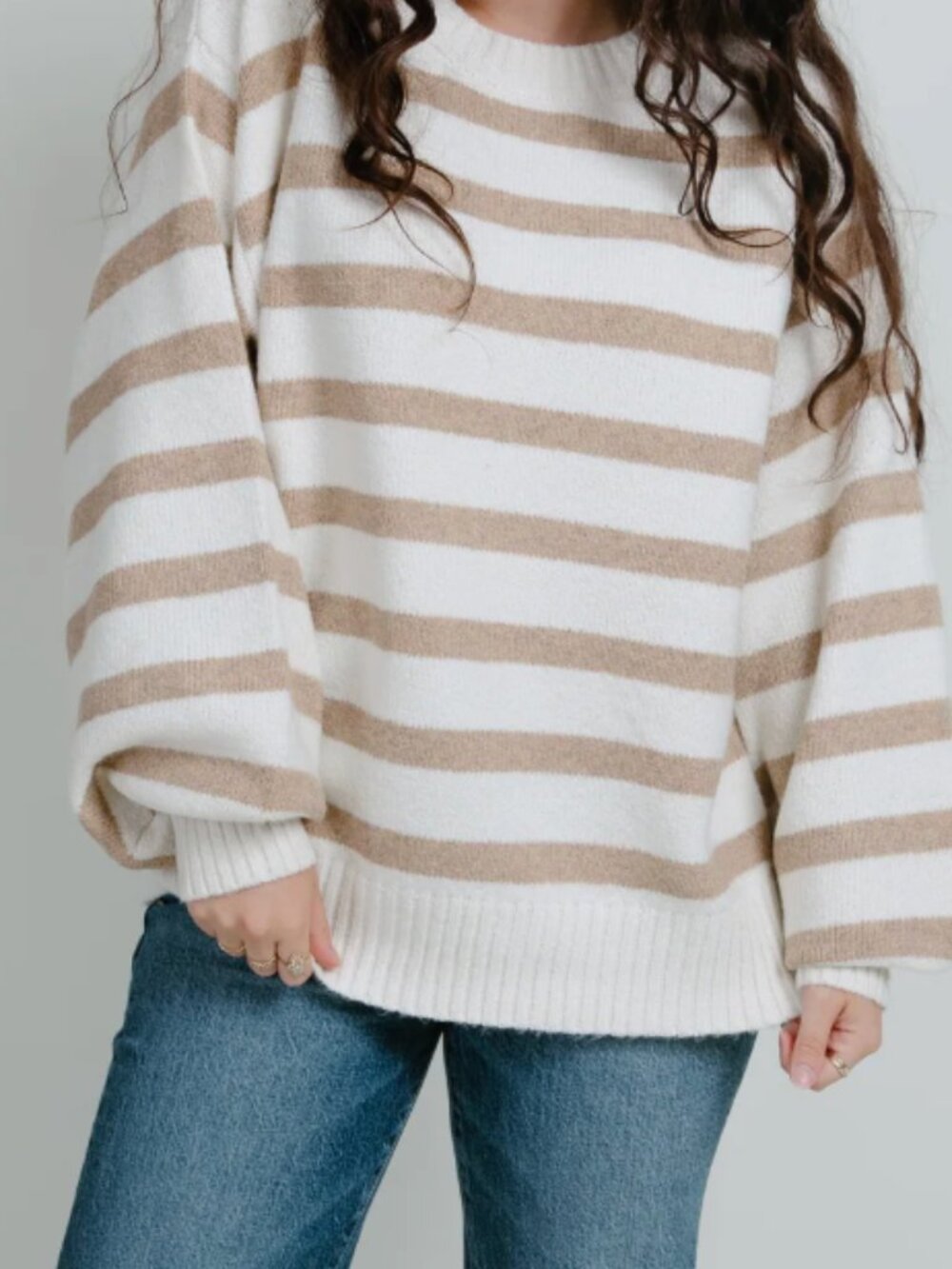 NWOT - By Together Striped Crewneck Sweater in Cream & Taupe